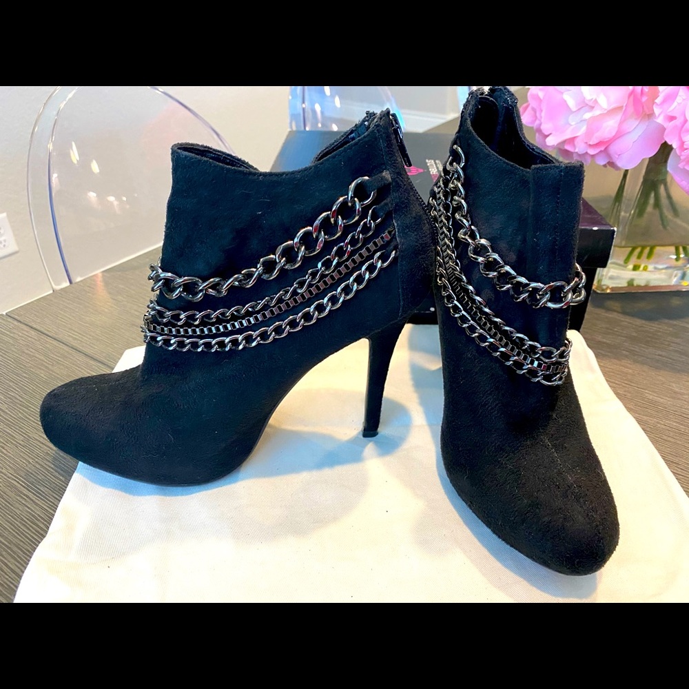 Black, micro suede, gunmetal ankle booties.